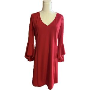 Nicole Miller New York Red V Neck Bell Sleeve Shift Dress Size 6